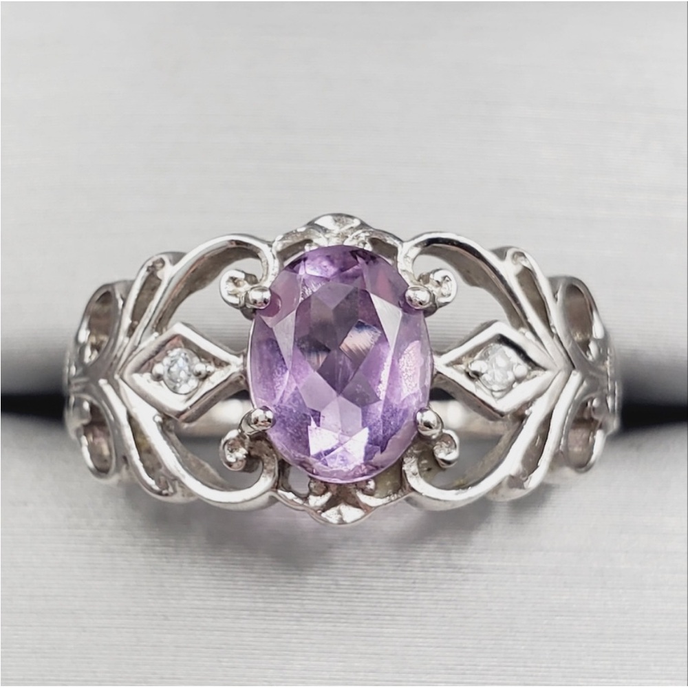 Genuine Oval Purple Amethyst & Diamond Simulants 925 Sterling Silver Ornate Ring